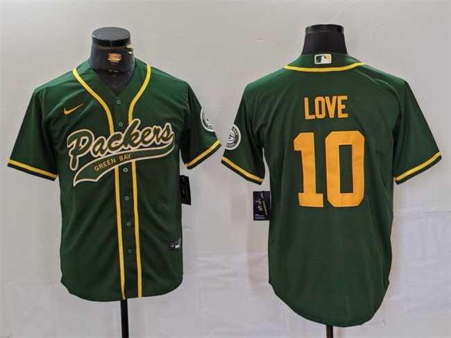 Mens Green Bay Packers #10 Jordan Love Green Cool Base Stitched Baseball Jersey